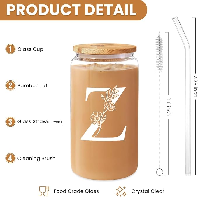 SANDJEST Monogrammed Gifts for Women - Monogram Z Initial Glass Cup 16 Oz Can Coffee Cups with Lid and Straw - Monogram Initials Gifts for Womens on Birthday