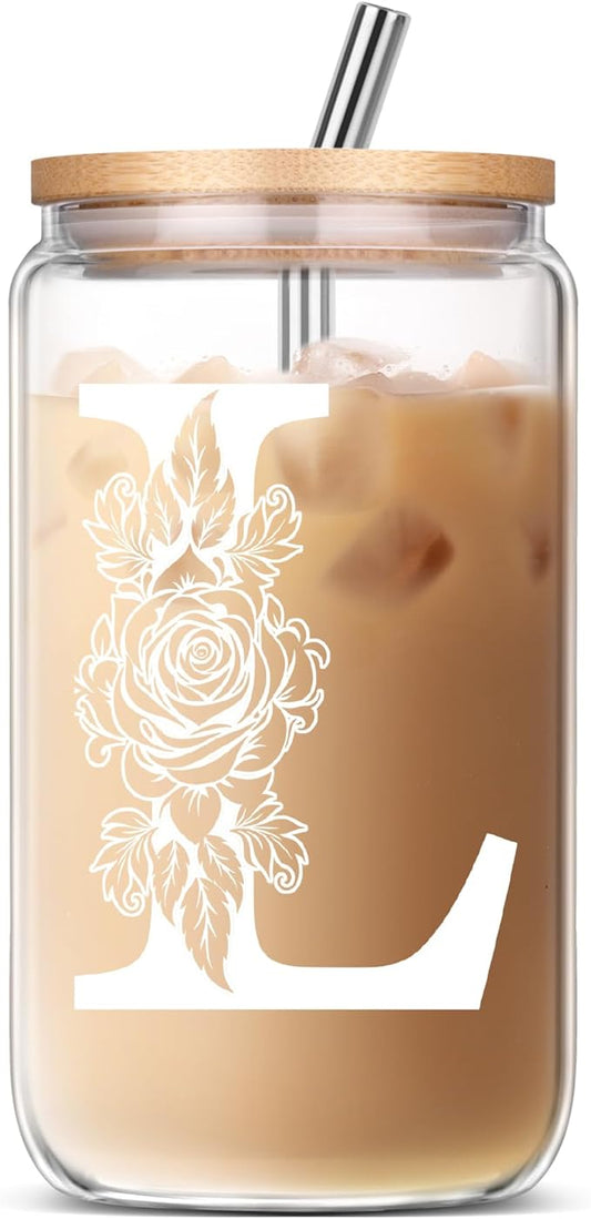 Personalized Monogrammed Gifts for Sister Mom Friend Wife, Birthday & Ideas 2024 - Cute Iced Coffee Glass Cups with Lids & Straws