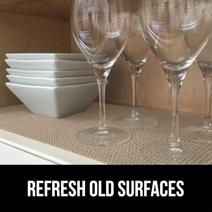 GORILLA GRIP powerGRIP Drawer Shelf and Cabinet Liner, Thick Strong Hold, Non-Adhesive Liners Protect Kitchen Cabinets and Cupboard, Bathroom Drawers, Easy Install, Breathable Mat, 12" x10', Beige