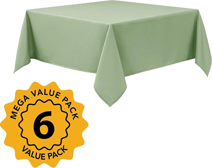 6-Pack Sage Green Tablecloths for Square Tables, 70 x 70 Inches, Stain-Resistant Polyester Fabric for 3 Foot Tables - Washable Table Covers for Weddings, Banquets, Birthday Parties, Events
