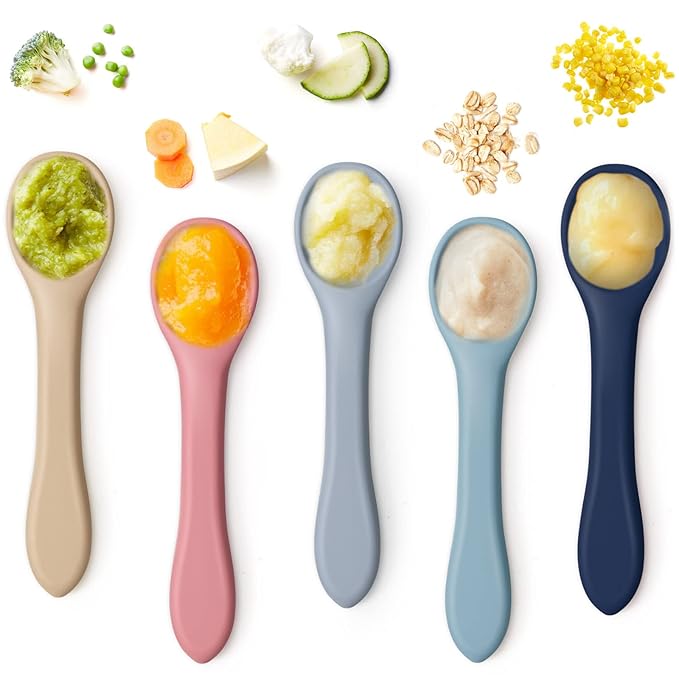 Aedida 5-Piece Silicone Baby Feeding Spoons, Infant Spoon Set Bendable Spoons for Toddlers Soft Tip Baby Training Spoon, First Stage Utensils Feeding Supplies