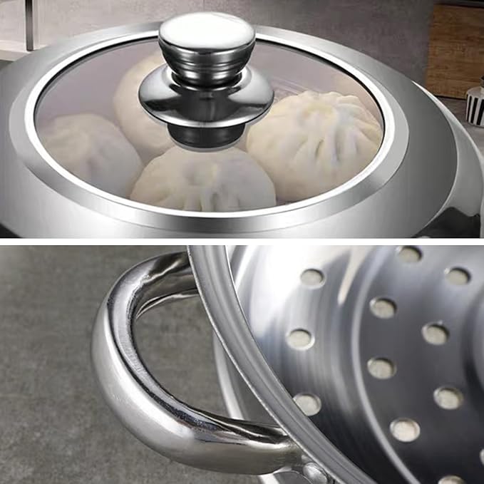 Steamer Pot for Cooking,Stainless Steel Steamer Pot,11 inch Steam Pots with Lid 2-tier for Cooking Veggies Fish Seafood Noodles, Pasta, Food