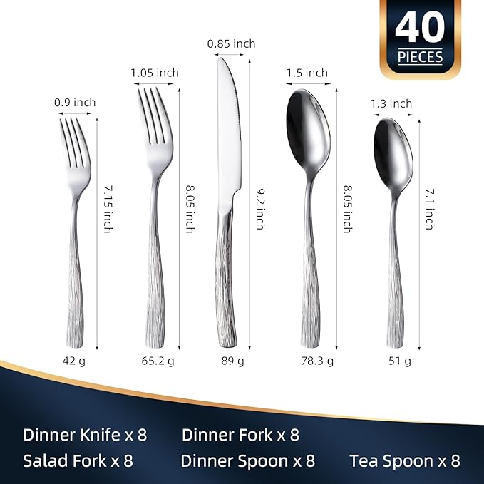 40-Piece Silverware Set for 8, CITESANA Heavy Duty Stainless Steel Flatware Set with Ripple Handles, Mirror Polished Kitchen Cutlery Set