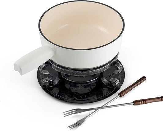 Swissmar Lugano Cast Iron Cheese Fondue Set, 9-Piece, 2 QT / 2 L - Ideal for Melting Cheese, Chocolates, Caramel, & More - Perfect for Kitchen Collection & Gift Giving - Matte White