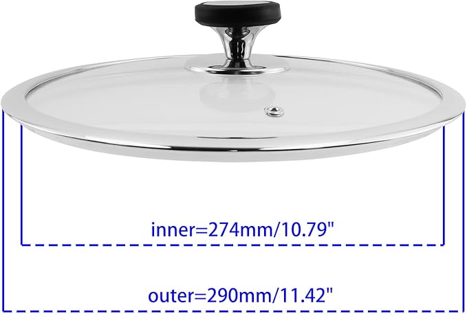 Woogim Universal Lid for Pans 11 Inch with Steam Vent,Silicone Handle Included,4mm Tempered Glass Wide Edge Heat Locking for Cast Iron Skillets, Frying Saute Pan, Cooking Pot