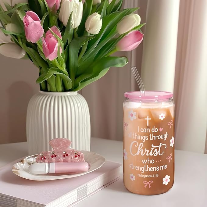 SANDJEST Christian Glass Can Tumbler 16oz, Inspirational Glass Cup with Lid & Straw, Iced Coffee Aesthetic Cups for Women Girls, Gifts Idea for Christmas Birthday