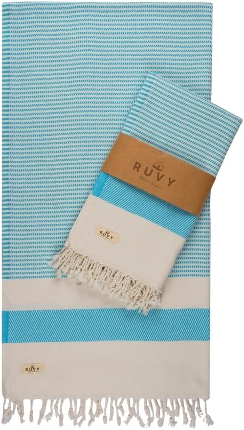 Ruvy Home Basics 2 Pack Turkish Beach Towels – Oversized Quick-Dry Bath Towels (40 x 72 Inches) – 100% Cotton Large Towels for Pool, Yoga, Travel, Camping Essentials, and Bathroom Decor - Turquoise