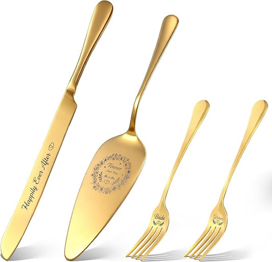 4 Piece Wedding Cake Cutting Set, Knife and Server with Forks, Elegant Wedding Cake Knife and Server Set for Bride and Groom(Gold)