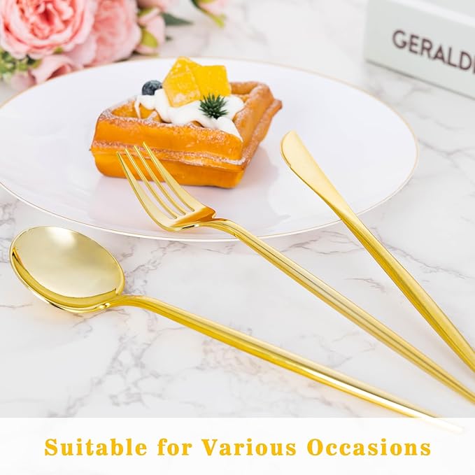 150PCS Gold Plastic Silverware,Heavy Duty Disposable Utensils Include 50 Forks,50 Spoons and 50 Knives,Gold Cutlery Plastic Silverware Sets for Party, Birthday,Wedding