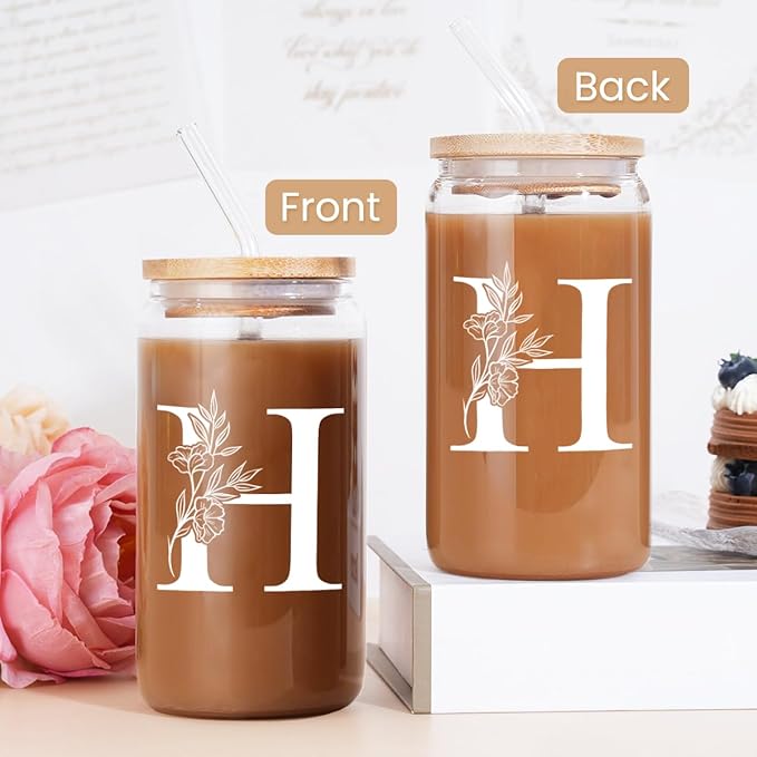 SANDJEST Monogrammed Gifts for Women - Monogram H Initial Glass Cup 16 Oz Can Coffee Cups with Lid and Straw - Monogram Initials Gifts for Womens on Birthday