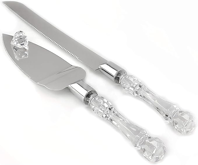 Adorox Elegant Cake Knife and Server Set Stainless Steel with Crystal Handle - Perfect for Weddings Anniversaries,and Special Celebrations (Sliver)