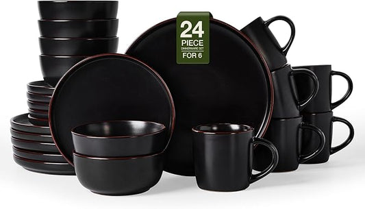 Famiware Mercury Dinnerware Sets with Mugs, Service for 6 (24 Pieces), Stoneware Plates and Bowls Sets, Microwave and Dishwasher Safe Dishes Set, Matte Black