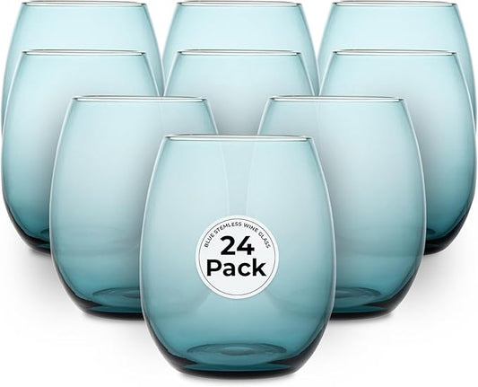 Restaurantware-Vetri 15 Ounce Wine Glasses, 24 Dishwashable Stemless Wine Glasses - No Lead, Durable, Blue Glass Cups, For Home, Bar, Or Restaurant, Serve Merlot, Chardonnay, Or Bordeaux