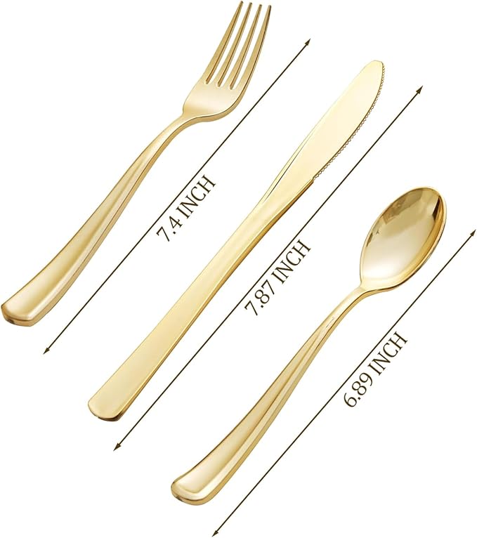 bUCLA 600 Pieces Gold Plastic Silverware - Disposable Gold Utensils - Heavyweight Plastic Cutlery set- 200 Forks, 200 Spoons, 200 Knives for Party & Thanksgiving