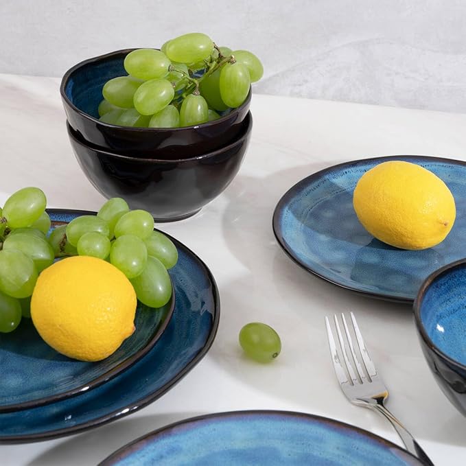 Dinnerware Set Blue 12 Pieces Service for 4, Stoneware Plates and Bowls Set Stoneware Set, Dishwasher Microwave Safe Dishes set