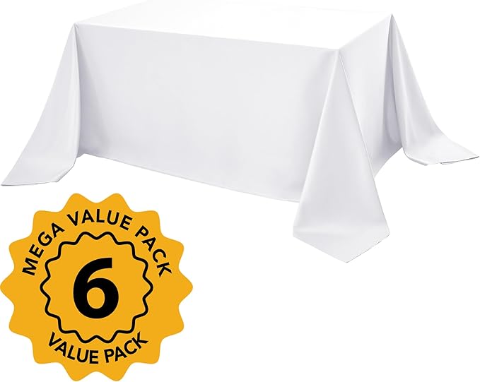 6-Pack White Tablecloths for Rectangle Tables, 90 x 156 Inches, Stain-Resistant Polyester Fabric for 8 Foot Tables - Washable Table Covers for Weddings, Banquets, Birthday Parties, Events