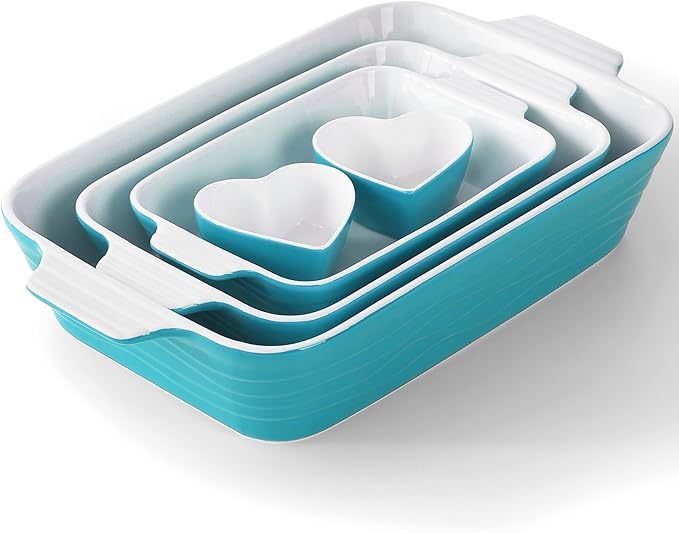 Baking Dish for Oven Casserole Dishes Bakeware Set With Ramekin Ceramic Lasagna Pan 9×12.8 Inch Large Deep Baking Dishes Rectangular Non-Stick Baking Pans for Kitchen Baking and Roasting Turquoise