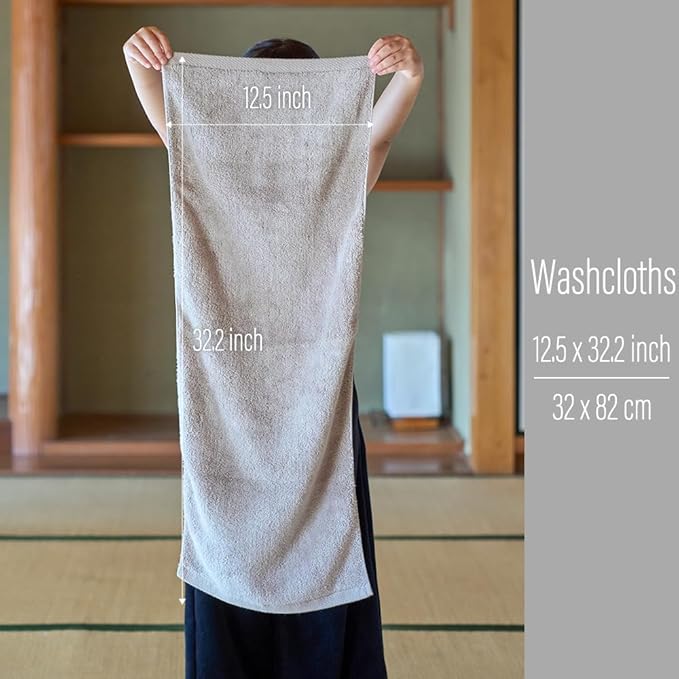 Luxury Japanese Wash Cloth - Set of 2, Senshu Towels, Greige, Approx. 13" x 33.5", Ultra Soft, Quick Drying, Absorbent, Lightweight, Ideal for Bath, Bathroom, Yoga, Spa, Body, Gift