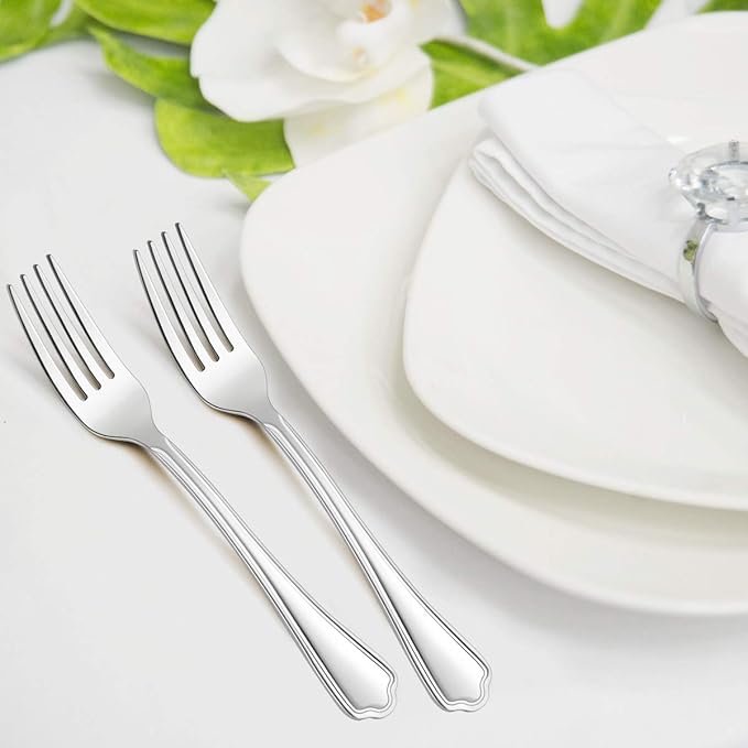 Salad Forks Set of 12, E-far 6.7 Inch Stainless Steel Dessert Forks for Home, Kitchen or Restaurant, Non-toxic & Mirror Polished, Scalloped Edge & Dishwasher Safe