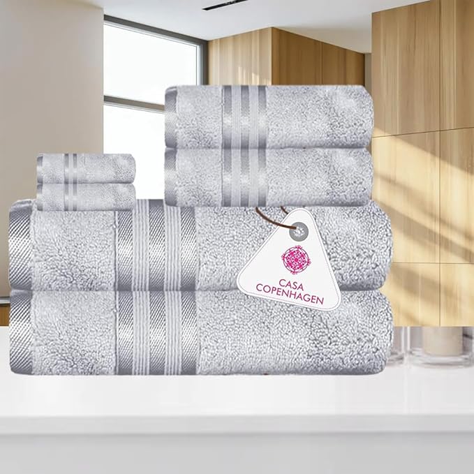 CASA COPENHAGEN Zero Twist, 6 Pieces Set 100% Cotton 0" Twist Towel Set- Grey Violet, 600 GSM, 2 Bath, 2 Hand, 2 Washcloths Made from Egyptian Cotton, Ultra Soft Luxury Towels for Bathroom.