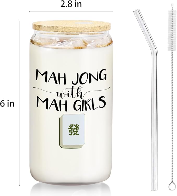 Mahjong Gifts for Women Glass Cup with Lids and Straws 14oz, Gifts for Mahjong Players Lovers Women, Mah Jong with Mah Girls Glass Iced Coffee Tumbler Drinking Jars with Cleaning Brush