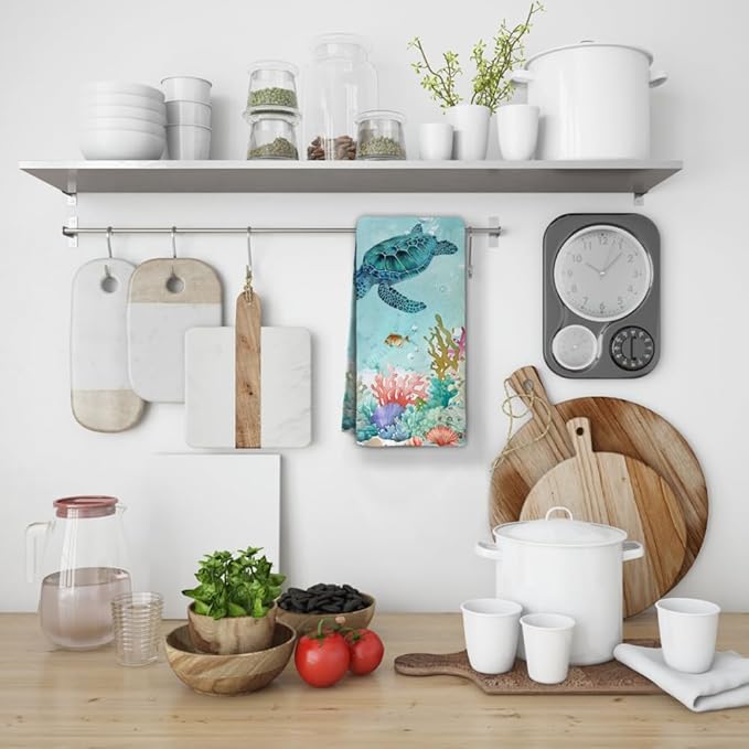 Sea Turtle Hand Towels Set of 2 - Breathable Ocean Beach Towels, Highly Absorbent Marine Life Coastal Bath Towels for Gym, Hotel, Summer Bathroom Decor - 28.7x13.7 Inch