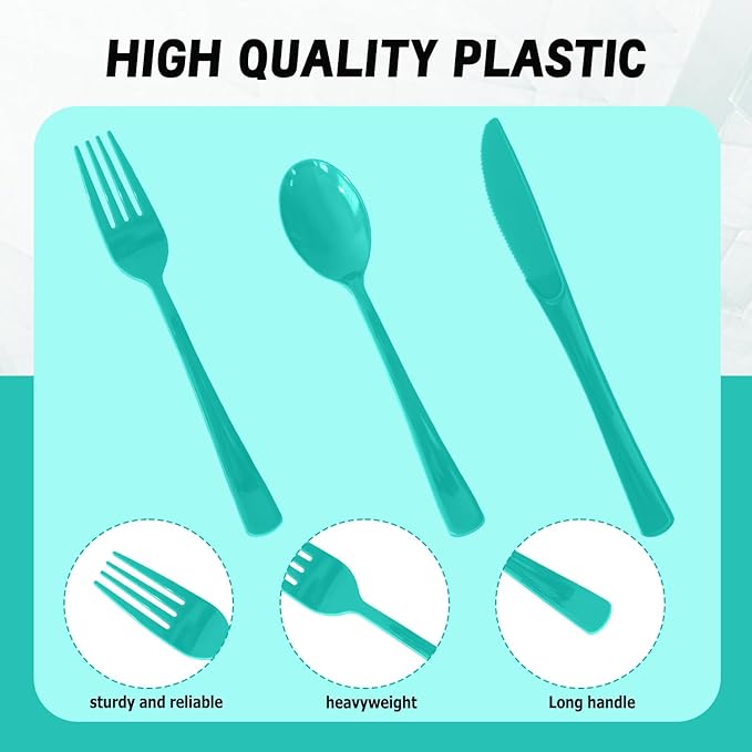 300 Pack Disposable Plastic Silverware, Heavy Duty Light Green Plastic Cutlery Set Includes 100 Forks 100 Knives 100 Spoons for Birthday Wedding Party Picnics (300, Light Green)