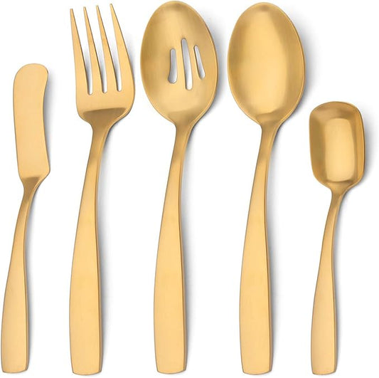 O.C.E. 5-Piece Matte Gold Serving Flatware Silverware Set, Utensil Set of Stainless Steel, Satin Finish, Hostess Tableware Serving Set, Dishwasher Safe