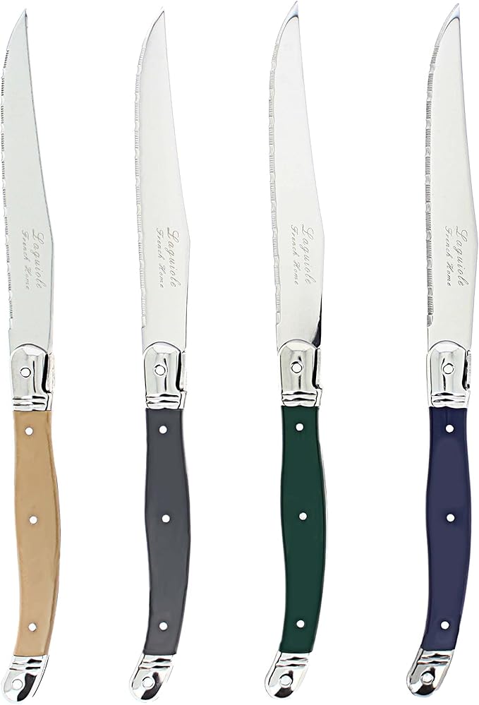 French Home Laguiole 4-Piece Steak Knife Set – Sophisticated Stainless Steel Dinner Knives with Earth Toned Handles & Iconic Bee Emblem – Serrated Knives for Smooth Cutting (9.25")