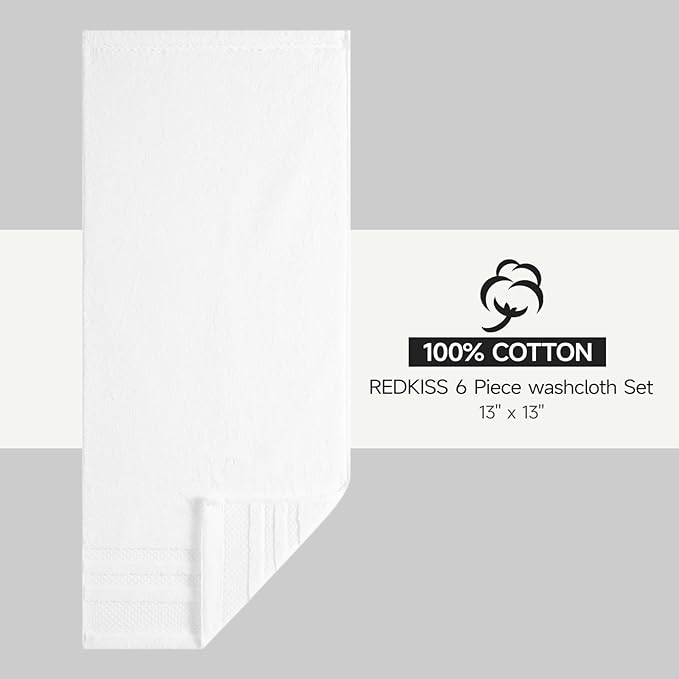 REDKISS Premium White Hand Towels for Bathroom, 13 x 30 inch, 100% Cotton Hand Towel Set of 6, Super Soft and Highly Absorbent Towels for Bathroom, Gym, Spa, Shower, and Hotel