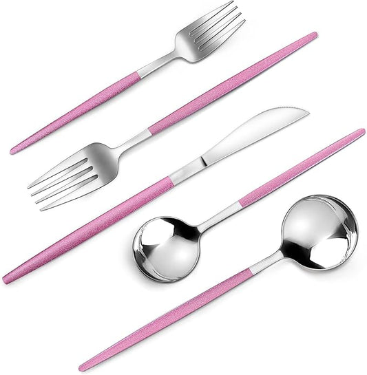 Mirror Silver Rosy Silverware Set, 20-Piece Stainless Steel Flatware Set, Satin Finish tableware Cutlery Set, Service for 4, Home and Restaurant, Dishwasher Safe