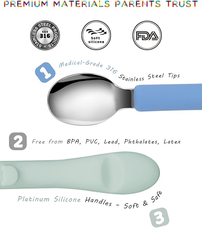 6PCS Toddler Utensils, 316 Stainless Steel Baby Safe Forks + Spoons with Silicone Handle, BPA Free Dishwasher Safe Kids Silverware Cutlery with Box, Sage/Blue/Blush