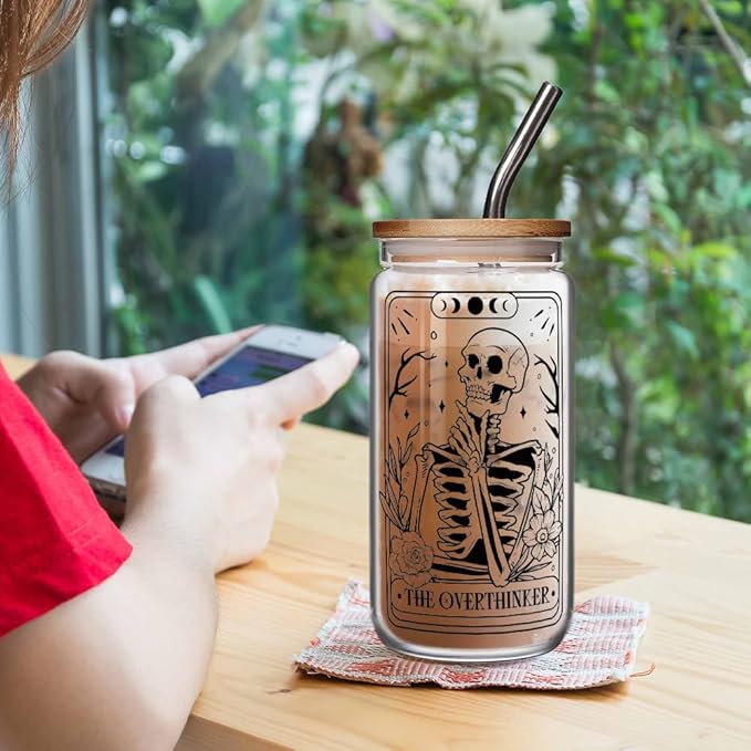 FALJIOK The Overthinker Tarot Card Glass Cup w/Lid Straw 16OZ, Gothic Goth Skull Gifts, Spooky Skeleton Glass Gift for Halloween, Witchy Gifts for Women Tarot Lovers