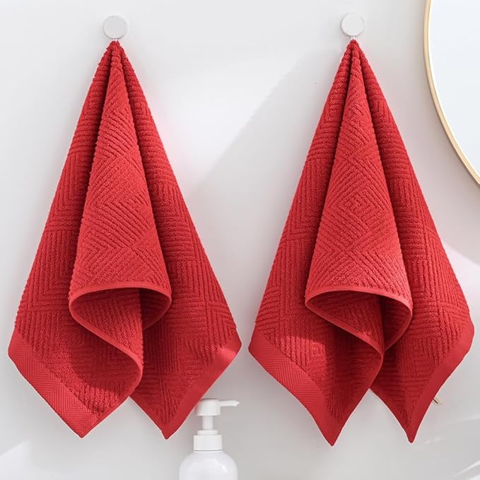 sense gnosis Red Hand Towel Set of 2 Premium 100% Cotton Herringbone Striped Weave Ultra Soft Highly Absorbent Hand Towel for Bathroom 13 X 29 Inch
