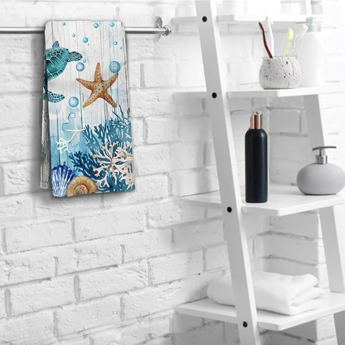 Sea Turtle Hand Towels Set of 2 Breathable Ocean Beach Hand Towels Highly Absorbent Tropical Coastal Bath Towels for Gym Hotel Decorative Summer Kitchen Towels 28.7x13.7 Inc