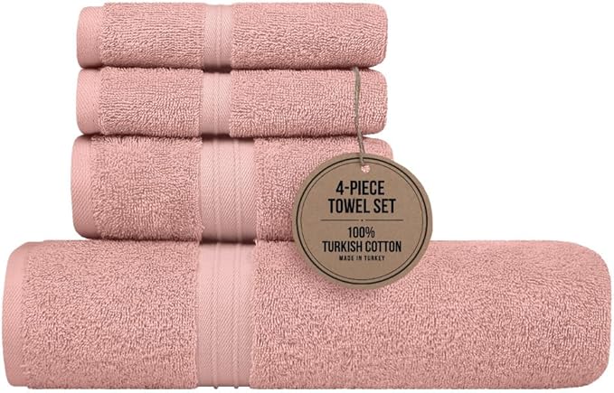 Luxury Bathroom Towels Set of 4 - Quick Dry & Organic Cotton Absorbent, 100% Cotton, Luxury - Includes 1 Bath Towel (28" x 56"), 1 Hand Towel (16"x28") and 2 Wash Cloths (12"x12") - Coral