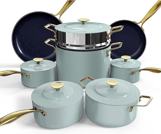 Nuwave Lux LE 13-Pc Cookware Set with Elegant Gold Handle, Diamond Infused Ceramic Non-Stick, PFAS Free, Premium Metal Lids, Ergonomic Stay-Cool Handles, Induction Ready & Compatible w/All Cooktops