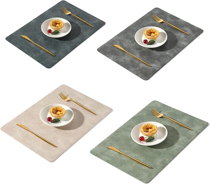 UnivoColors Washed Cowhide Pattern PU Leather Placemats Set of 4 Colors Heat Resistant Kitchen Table Mats, Waterproof Wipeable for Party Decoration(Green+Beige+Blue+Grey)