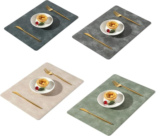 UnivoColors Washed Cowhide Pattern PU Leather Placemats Set of 4 Colors Heat Resistant Kitchen Table Mats, Waterproof Wipeable for Party Decoration(Green+Beige+Blue+Grey)