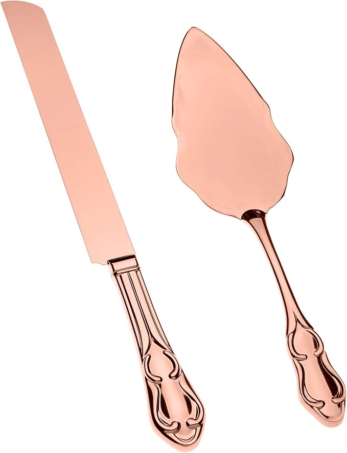 Ella Celebration Rose Gold Engravable Cake Knife & Server Set for Engraving, Rose Gold Wedding, Anniversary, Vintage Party Supplies (Elegant Rose Gold Engravable)