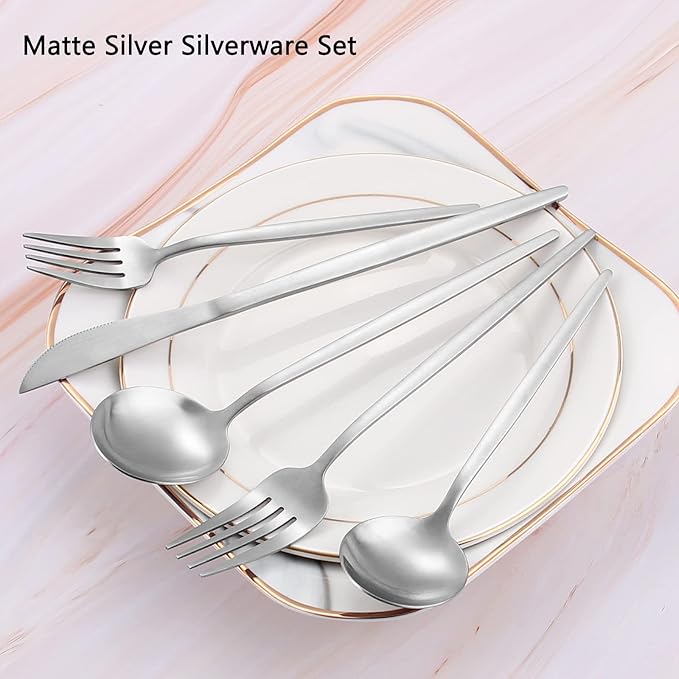 Matte Silverware Set, VANVRO 20-Piece Stainless Steel Flatware Set, Satin Finish tableware Cutlery Set, Service for 4, Home and Restaurant, Dishwasher Safe