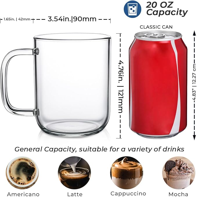 Aquach Glass Mugs 20 oz Set of 2, Extra Large Clear Glass Cup with Handle for Hot/Cold Coffee Tea Beverage, Drinking Glasses