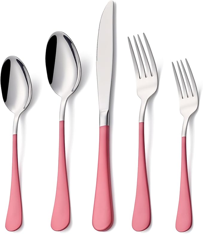 20 Piece Pink 18/0 Flatware Utensil Set for 4, Include Dinner Knife,Dinner Forks,Dinner Spoons,Salad Forks,Teaspoons,Silverware Set for 4, Dishwasher Safe