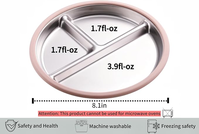 3Pack Stainless Steel Kids Plates, 8.1" Divided Kids Plate with Removable Silicone Suction Sleeves for Baby Highchairs, Non Toxic BPA Free Non-Slip Unbreakable Snack Lunch Plates