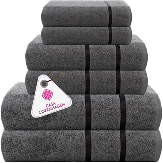 CASA COPENHAGEN Eternal 6 Pieces Towel Set- Pine Grey, 500 GSM 2 Bath Towel 2 Hand Towel 2 Washcloth, Designed in Denmark Made of Soft Egyptian Cotton for Bathroom, Kitchen & Shower