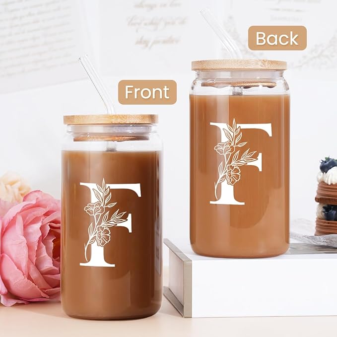 SANDJEST Monogrammed Gifts for Women - Monogram F Initial Glass Cup 16 Oz Can Coffee Cups with Lid and Straw - Monogram Initials Gifts for Womens on Birthday