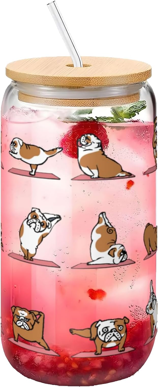 English Bulldog Yoga Glass Cup with Lid & Straws 16 OZ - Drinking Glass Tumbler for Iced Coffee, Smoothie, Cocktail, Beer, Soda - Birthday Christmas Gift for Men, Women, Sister, Friends