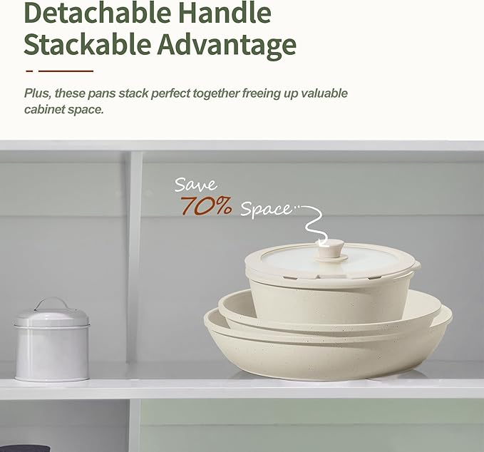 8pcs Ceramic Pots and Pans Set, Non Stick Cookware Set, Detachable Handle Cookware, Induction Kitchen Cooking Set with Removable Handle,Oven Safe, Induction Fast, Stackable Cookware Set