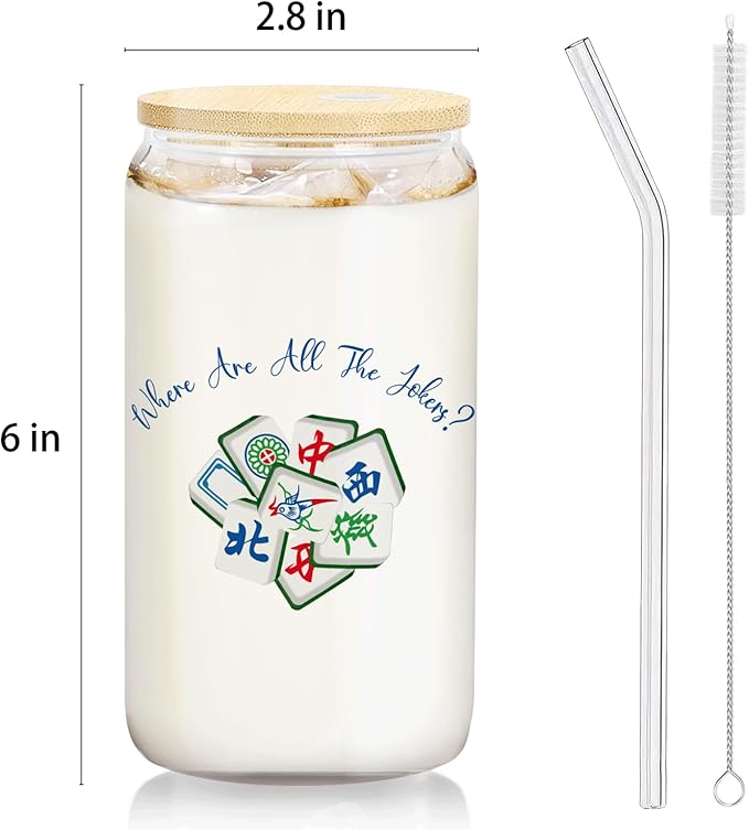 Chinese Mahjong Glass Cup with Lids and Straws 14oz, Gifts for Mahjong Players Lovers, Mah Jong Accessories Glass Iced Coffee Tumbler Drinking Jars with Cleaning Brush