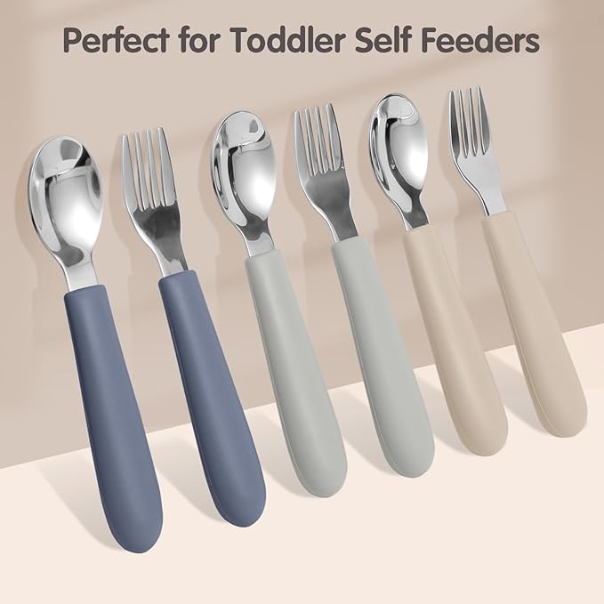 6 Pack Toddler Utensils, Kids Silverware Set with Silicone Handle, Children Safe Forks and Spoons, 18/8 Stainless Steel, Food Grade Silicone Feeding Supplies, Dishwasher Safe